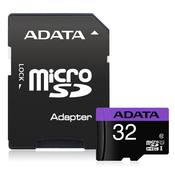 ADATA Premier microSDHC UHS-I Card 32GB with adapter, fast 80MB/s read and compact design for smartphones and cameras.