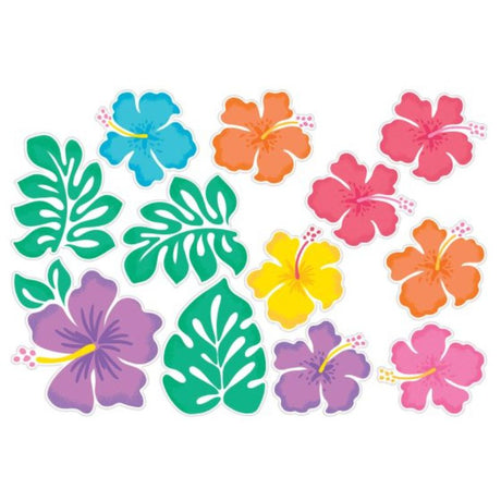 Vibrant Summer Hibiscus Cutouts set of 12 in various sizes, ideal for tropical-themed parties and summer decorations.