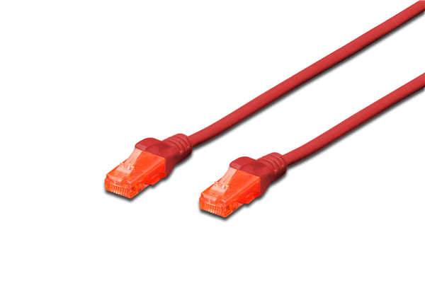 Red 1M Digitus UTP CAT6 patch lead with RJ45 connectors for high-speed networking and strain relief features.