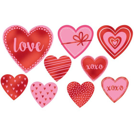 Heart-shaped hot-stamped cutouts in three sizes, perfect for DIY crafts and decorations for any celebration. Pack of 9.