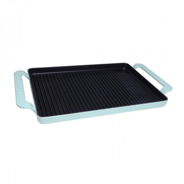 Chasseur duck egg blue rectangular grill with unique grooves for healthier cooking and superior heat distribution.