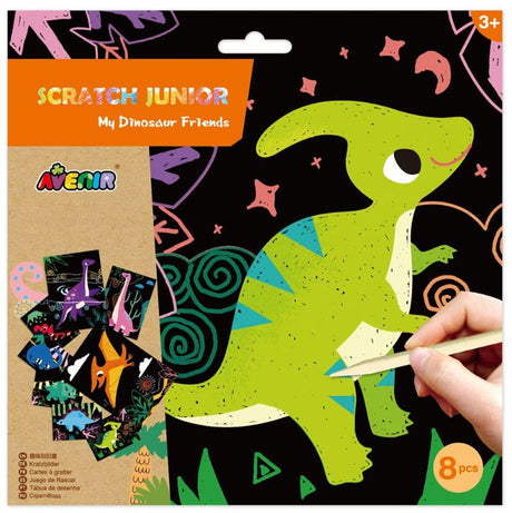 Colorful scratch art kit featuring 8 dinosaur designs, scratch tool included, perfect for creative kids aged 3 and up.