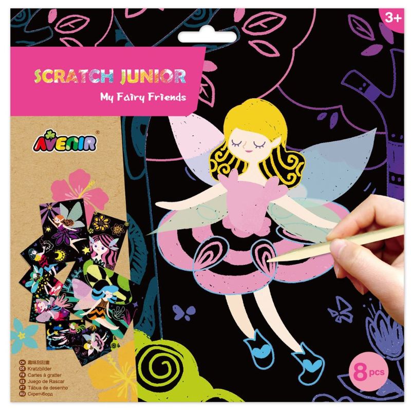 Vibrant scratch art kit for kids featuring enchanted fairy scenes, includes 8 sheets and a scratch tool, promotes creativity.