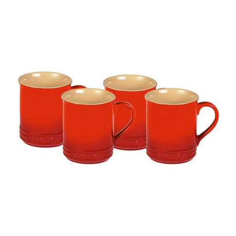 Chasseur La Cuisson 4-Piece Mug Set in red, 350ml, versatile for drinks, soups, and desserts, made from durable stoneware.