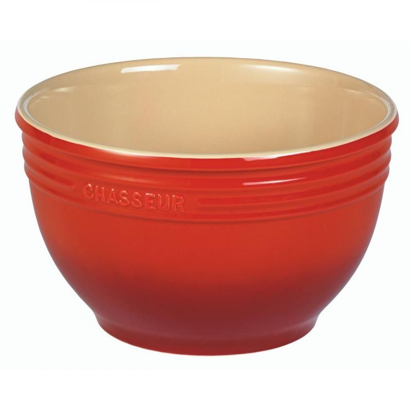 Vibrant red Chasseur La Cuisson mixing bowl, versatile stoneware for baking and serving, durable, and easy to clean.