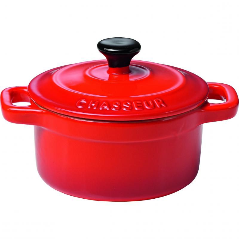 Vibrant red Chasseur Mini Cocotte, 10cm x 9cm, perfect for individual pies and desserts, oven-safe up to 250°C.