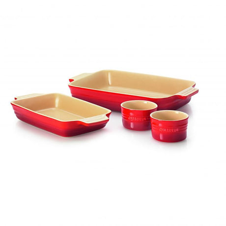 Chasseur La Cuisson 4 Piece Baking Set in Red, elegant and versatile for baking, serving, and storing, oven safe up to 250°C.