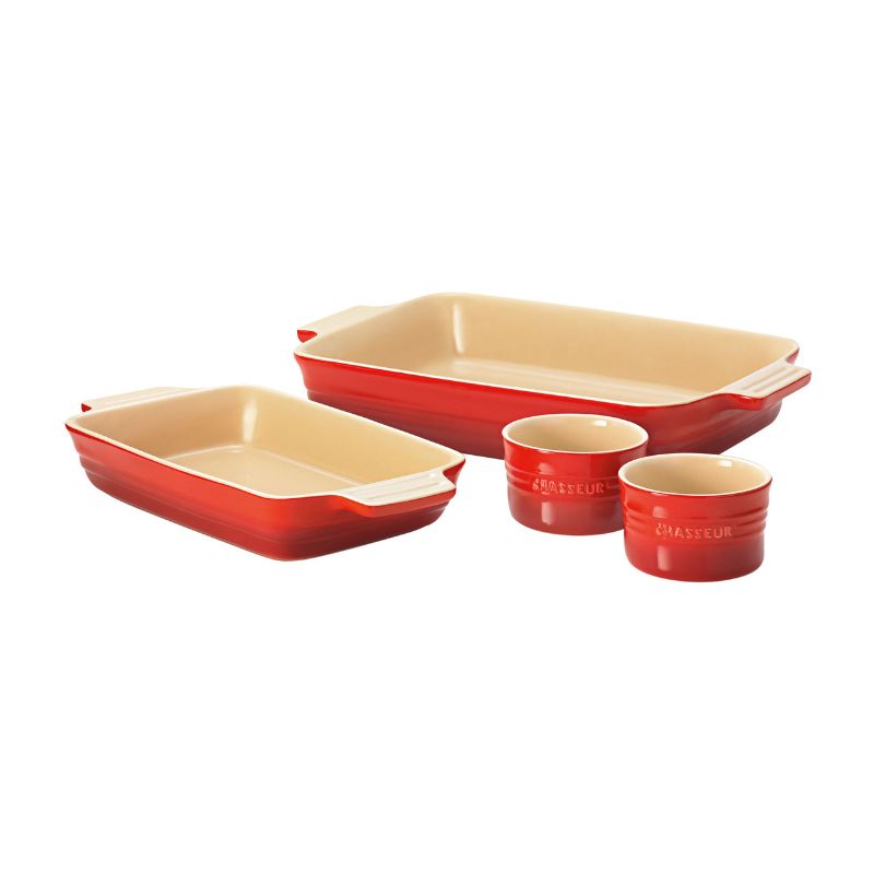 Four-piece red baking set including two ramekins and medium/large bakers, crafted from durable stoneware for even cooking.