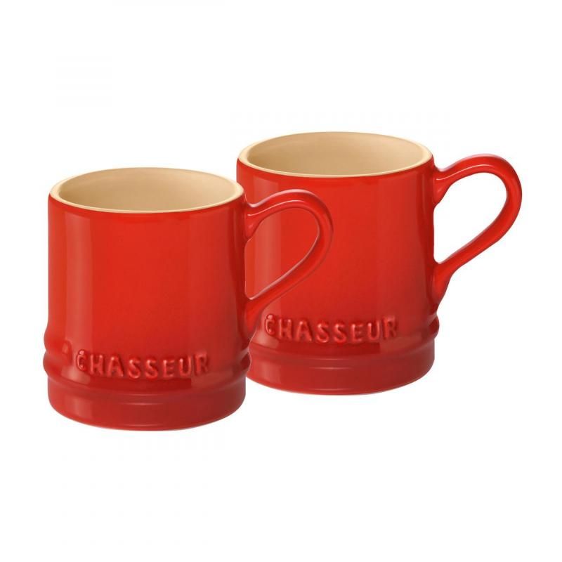 Chasseur La Cuisson Petit Cup set in vibrant red, versatile stoneware mugs for espresso, tea, desserts, microwave and oven safe.