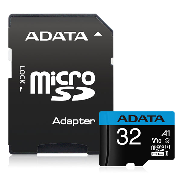 ADATA Premier 32GB microSDHC UHS-I V10 card with adapter for high-speed storage and reliable Full HD video recording.