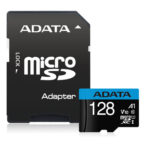 ADATA Premier 128GB microSDXC UHS-I card with adapter, offering 100MB/s read speeds, ideal for Full HD video and apps.