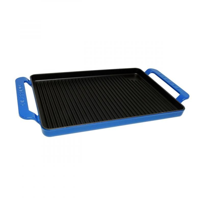 Chasseur La Cuisson Rectangular Grill in Sky Blue, a versatile cast iron grill ideal for searing meats and veggies.