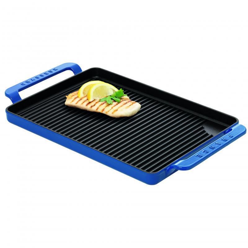 Sky blue cast iron rectangular grill by Chasseur, ideal for searing meat and vegetables, designed for style and quality cooking.