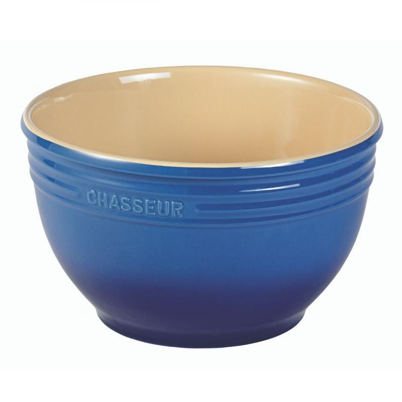 Chasseur 24cm blue stoneware mixing bowl, oven, microwave, and freezer safe, perfect for cooking and serving.