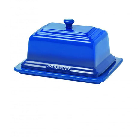 Chasseur La Cuisson Butter Dish in blue, ceramic, elegant design, perfect for serving butter or cheese, microwave and dishwasher safe.