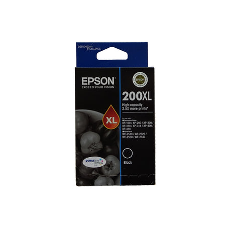 Epson 200XL Black High Yield Ink Cartridge, offering sharp text, vibrant colors, and 2.5x more prints for reliable performance.