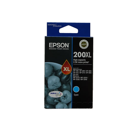 Epson 200XL Cyan Ink Cartridge for vibrant prints, high yield, fast-drying, and water-resistant, compatible with various Epson printers.