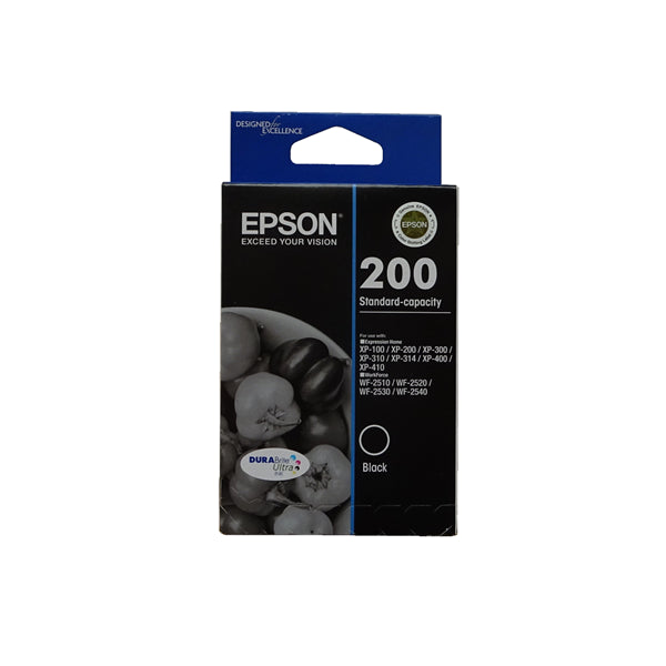 Epson 200 Black Ink Cartridge for vibrant, fast-drying prints; compatible with various Epson printers, ensuring durable quality.