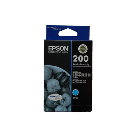 Epson 200 Cyan Ink Cartridge for vibrant, durable prints on various papers, compatible with multiple Expression and WorkForce printers.