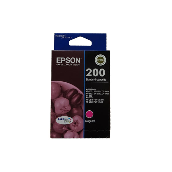 Epson 200 Magenta Ink Cartridge for vibrant, durable prints, compatible with various Expression and WorkForce printers.