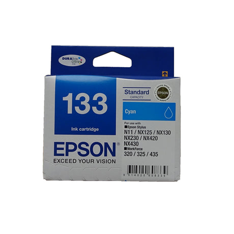 Epson 133 Cyan Ink Cartridge for vibrant, long-lasting prints; water and smudge resistant for ultra-sharp details.