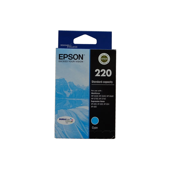 Epson 220 Cyan Ink Cartridge for vibrant, long-lasting prints; water and smudge resistant, compatible with various Epson printers.