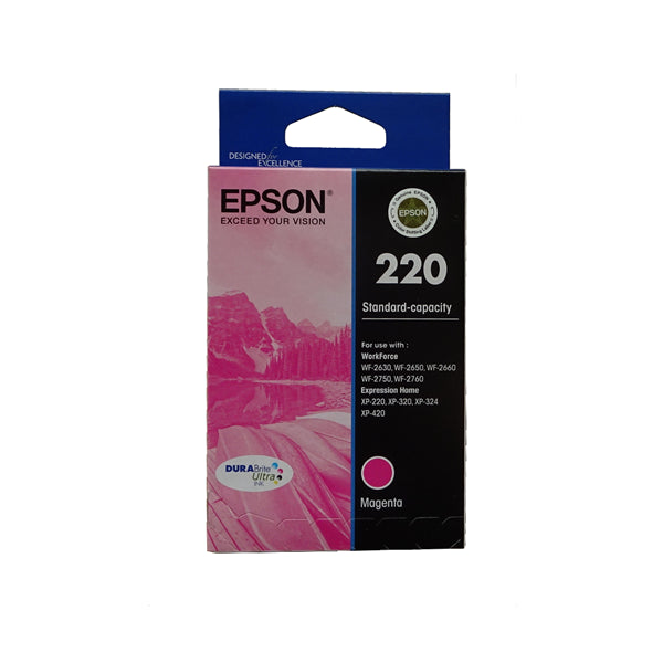 Epson 220 Magenta Ink Cartridge for vibrant, durable prints; compatible with various Epson printers, lasting up to 120 years.