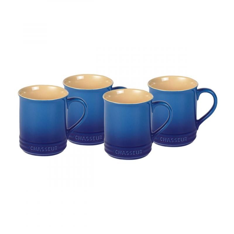 Chasseur La Cuisson Mug Set: 4 durable blue stoneware mugs, perfect for hot drinks, soups, or baking, microwave and oven safe.