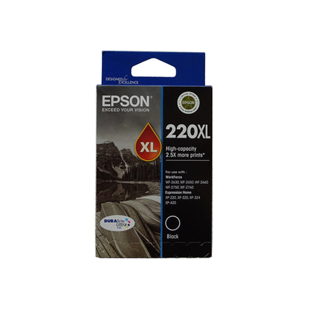 Epson 220XL Black High Yield Ink Cartridge for superior quality prints; long-lasting, water-resistant, 2.5x standard yield.