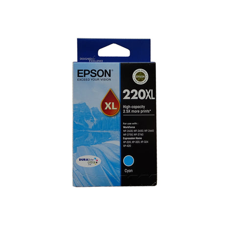 Epson 220XL Cyan High Yield Ink Cartridge for vibrant prints, water-resistant, 2.5x more prints than standard cartridges.