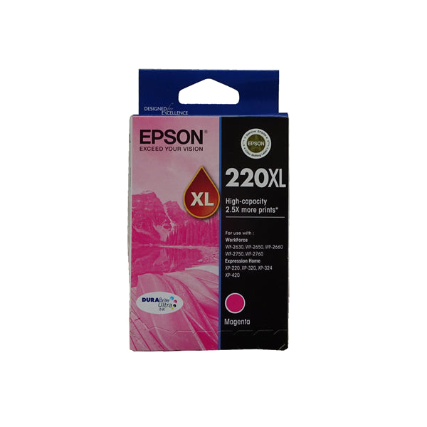 Epson 220XL Magenta High Yield Ink Cartridge, offers vibrant color and durability for long-lasting prints. Perfect for home and office use.