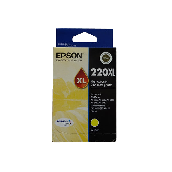 Epson 220XL Yellow High Yield Ink Cartridge for vibrant, long-lasting prints, compatible with various Epson printers.