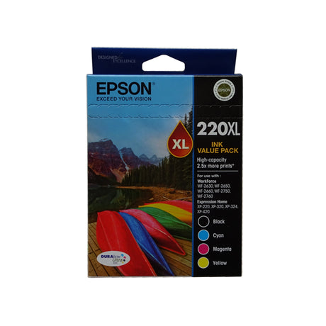 Epson 220XL 4 Ink Cartridge Pack with high yield, vibrant colors, and long-lasting prints, ideal for home or office use.