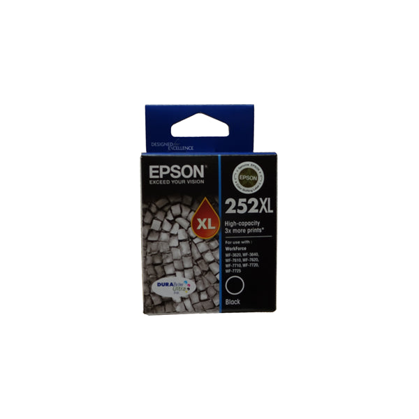 Epson 252XL Black High Yield Ink Cartridge, delivering sharp prints with DURABrite Ultra ink for lasting quality and productivity.