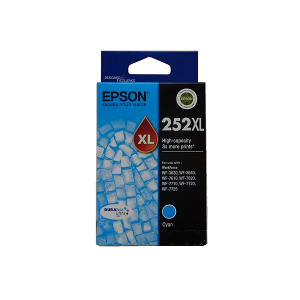 Epson 252XL Cyan Ink Cartridge, high yield for vibrant color, water and smudge resistant, ideal for home and office printing.