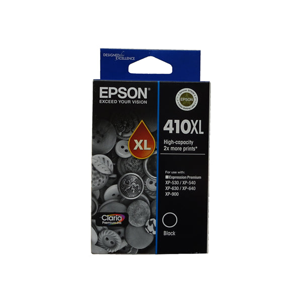 Epson 410XL Black Ink Cartridge for high-yield, ultra-sharp prints, fade-resistant, compatible with multiple Expression Premium models.