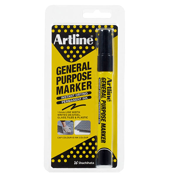 Artline General Purpose Marker in black, perfect for precise and permanent markings on various surfaces like tiles and glass.