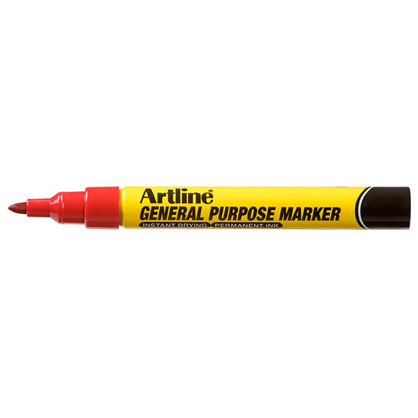 Vibrant red Artline general purpose markers in a box of 12, featuring a 1.5mm nib for versatile marking on multiple surfaces.