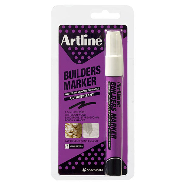 Artline Builders Marker in white, designed for precise marking on rough surfaces like concrete and wood, with instant-dry permanent ink.