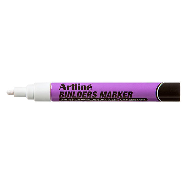 Box of 12 Artline Builders Markers in white for permanent, bold marking on various surfaces like concrete and wood.