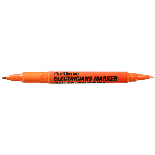 Artline Electricians Marker Box of 12 in orange; features dual nibs, permanent ink, non-conductive for safe marking on various surfaces.