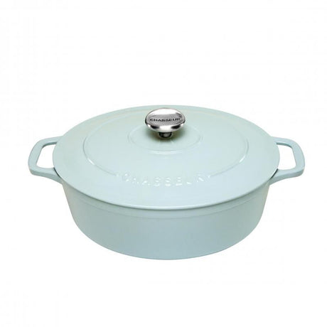 Chasseur Oval French Oven 27cm in Duck Egg color, perfect for versatile cooking, self-basting lid, and elegant design.