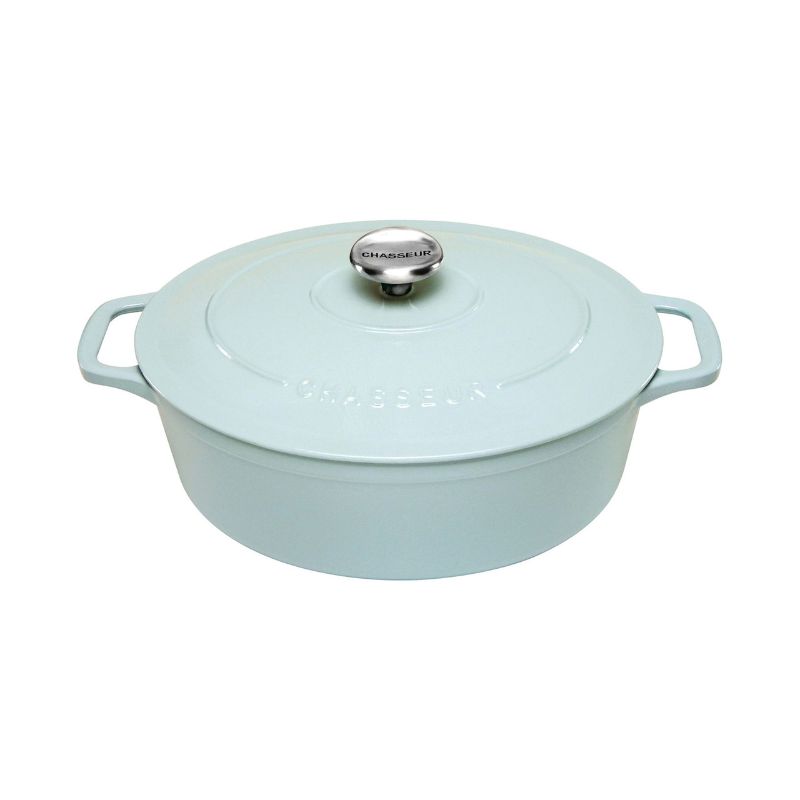 Duck Egg Blue Oval French Oven, 27cm, perfect for slow-cooking, roasting, and serving 4-6 people, crafted in France.