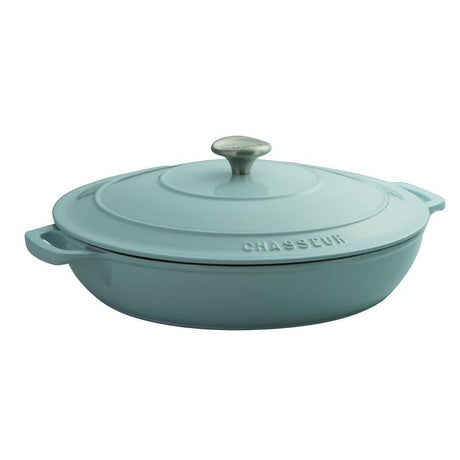 Chasseur Round Casserole 30cm in Duck Egg Blue, durable cast iron, perfect for gourmet cooking and easy cleaning.