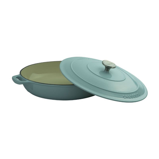 Duck Egg Blue cast-iron casserole, 30cm/2.5L, ideal for simmering, roasting, and baking, with self-basting lid for moist meals.