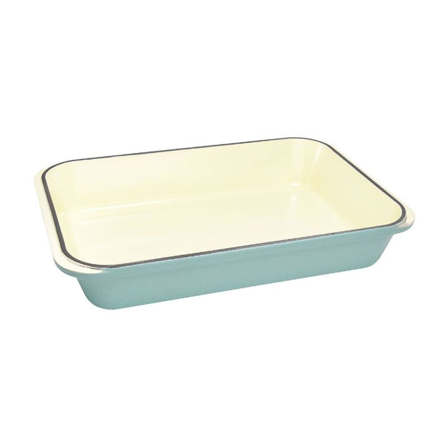 Duck Egg Blue rectangular roasting pan, 40x26cm, ideal for roasting meats and vegetables, crafted from durable French cast iron.