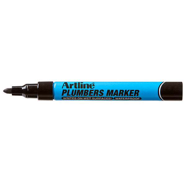 Black permanent markers in a box of 12, designed for precise marking on various surfaces, ideal for plumbing and trades.