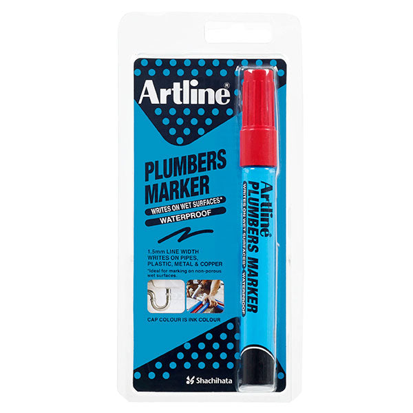 Artline Plumbers Marker Red HS, ideal for wet surfaces, permanent, waterproof, and instant-drying for precise plumbing markings.