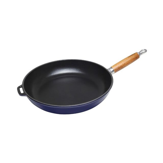 Premium 26cm French Blue cast iron fry pan with ergonomic wooden handle, ideal for even cooking on all cooktops.