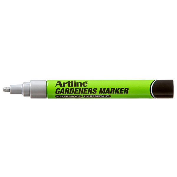 Silver Artline Gardeners Markers in a box of 12, ideal for labeling and marking on various outdoor surfaces with permanent ink.